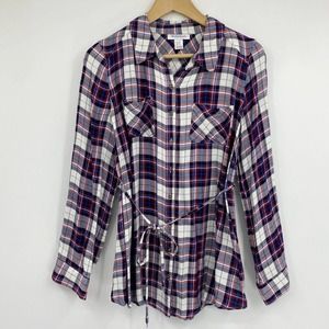 Motherhood Maternity Roll Tab Sleeve Button Up Tunic Red Blue White Plaid Sz M